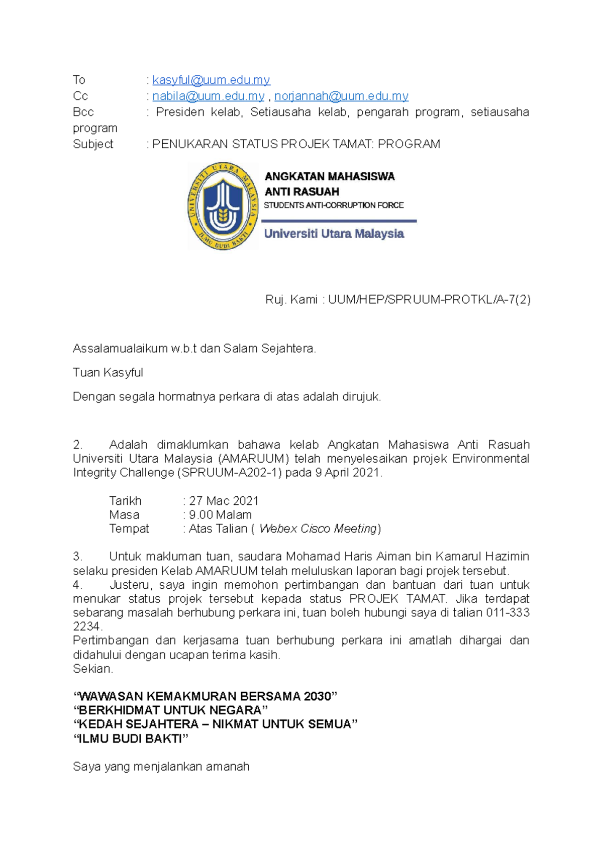 DRAF EMEL Pertukaran Status Projek Tamat - To : kasyful@uum Cc : nabila ...