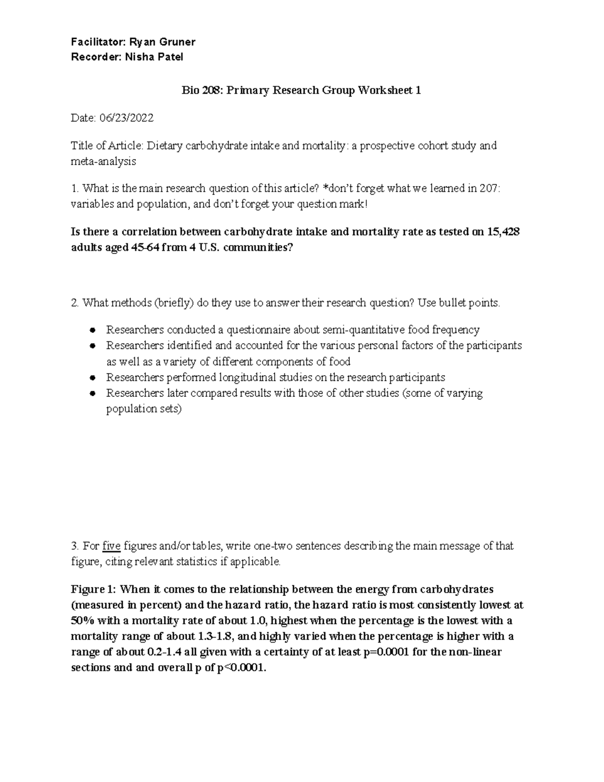 BIO 208 Worksheet 1 - Week one lecture assignment - Facilitator: Ryan ...