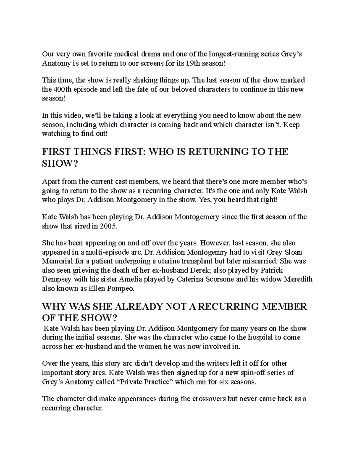 A-Grey’s Anatomy Season 19; Kate Walsh to Return to ABC Series in