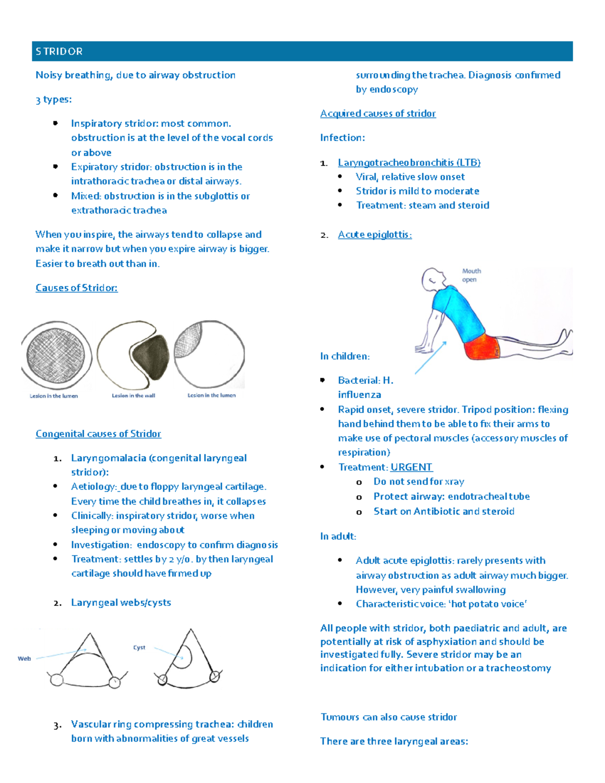 9 stridor - Summary notes - STRIDOR Noisy breathing, due to airway ...