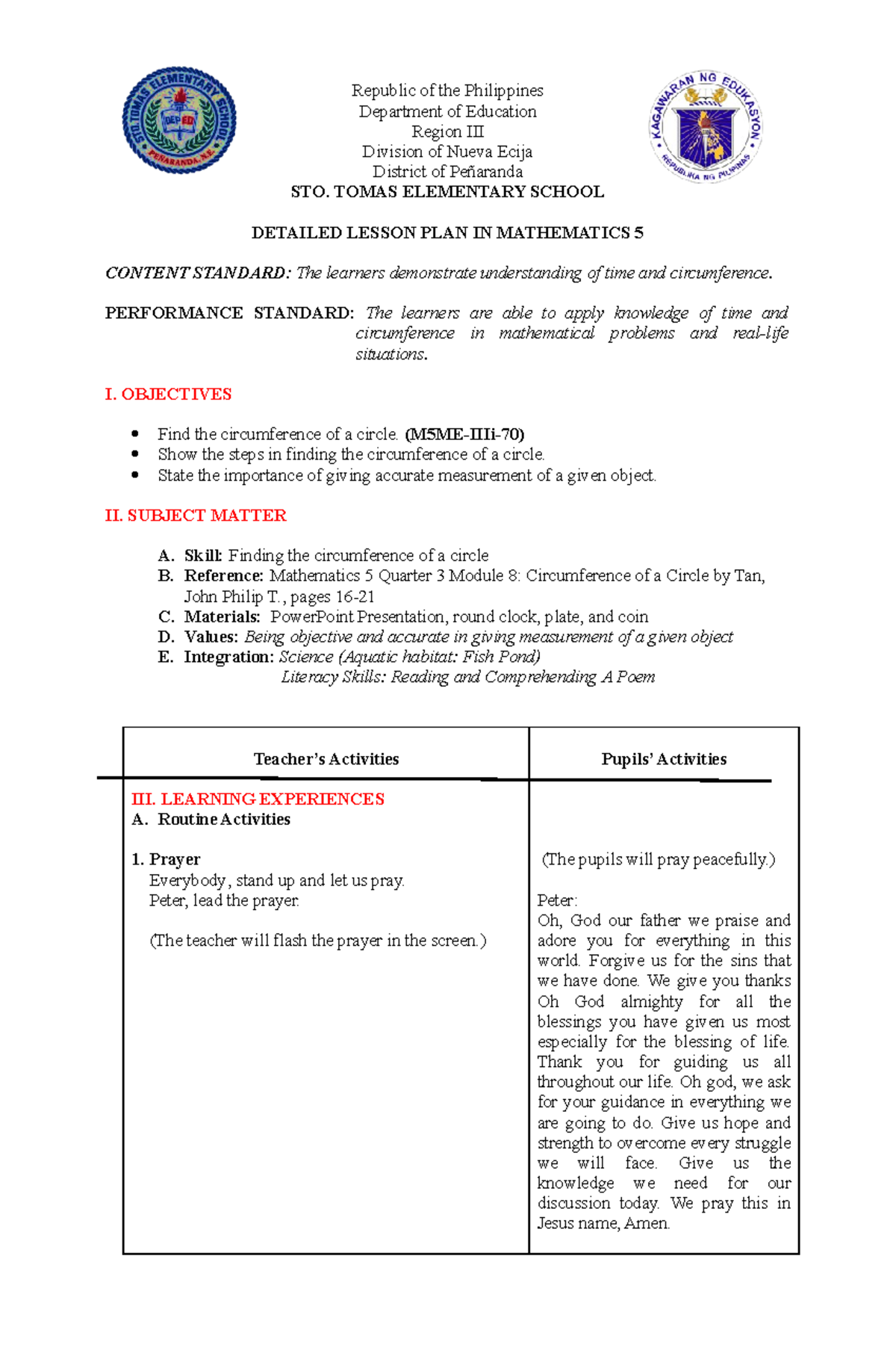 Detailed Lesson PLAN Circumference Face To Face Republic Of The 