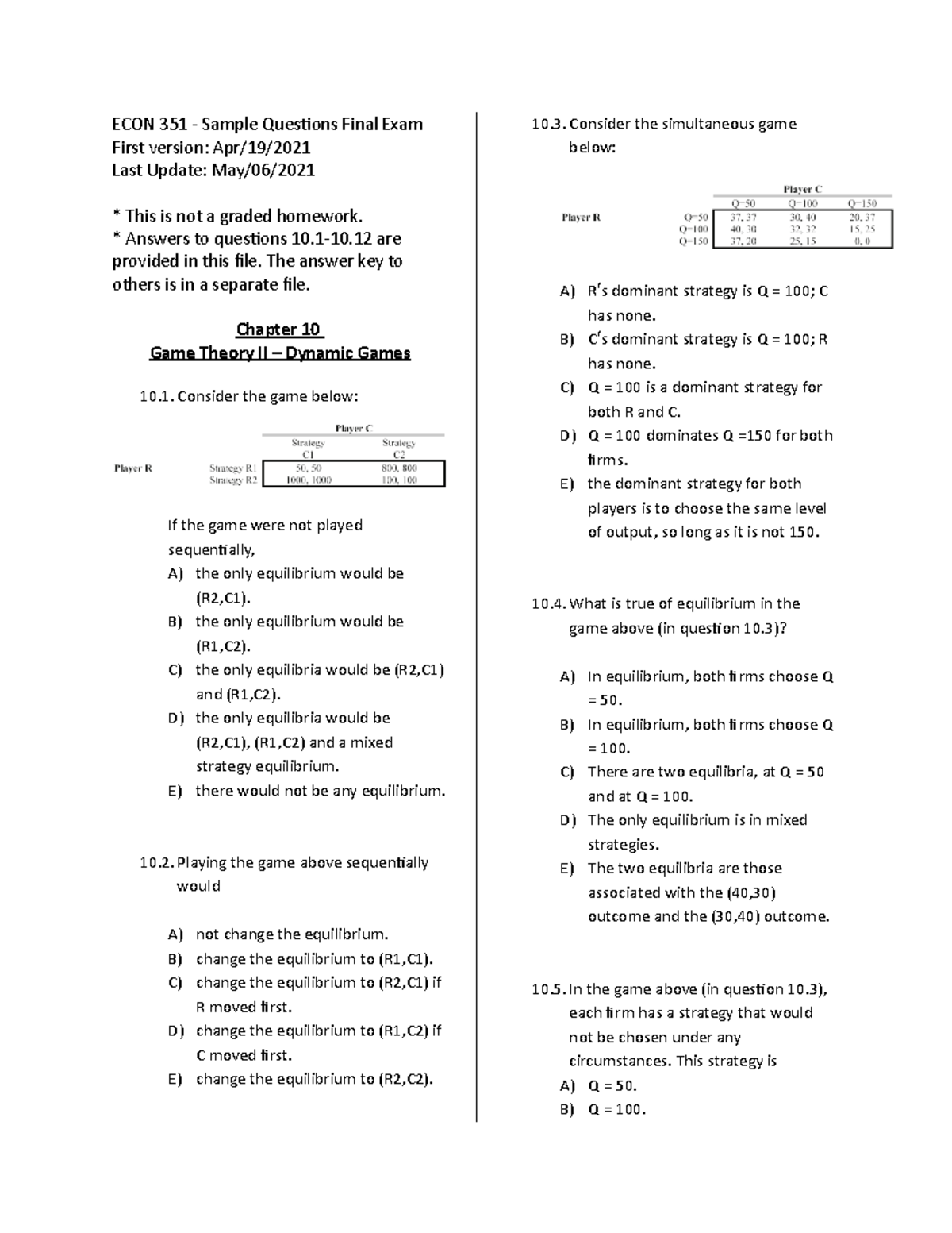 ECON 351 Extra Questions 3 - ECON 351 - Sample Questions Final Exam ...