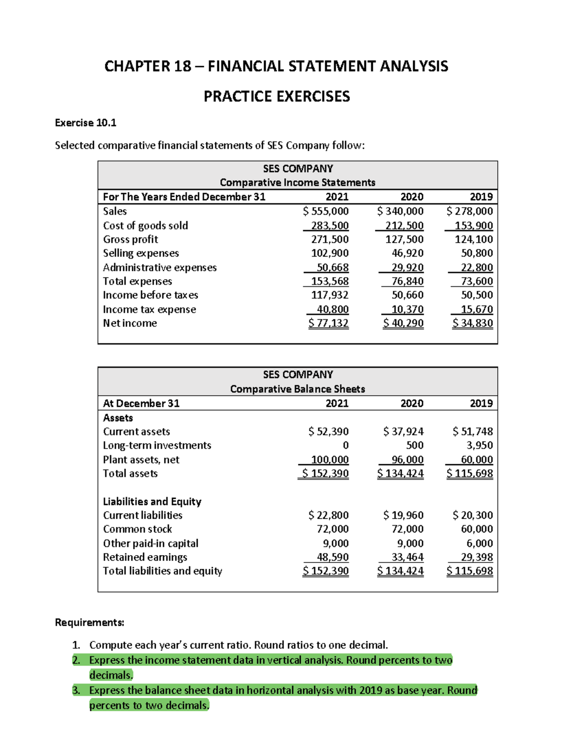 CH18 Practice Exercises - CHAPTER 18 – FINANCIAL STATEMENT ANALYSIS ...