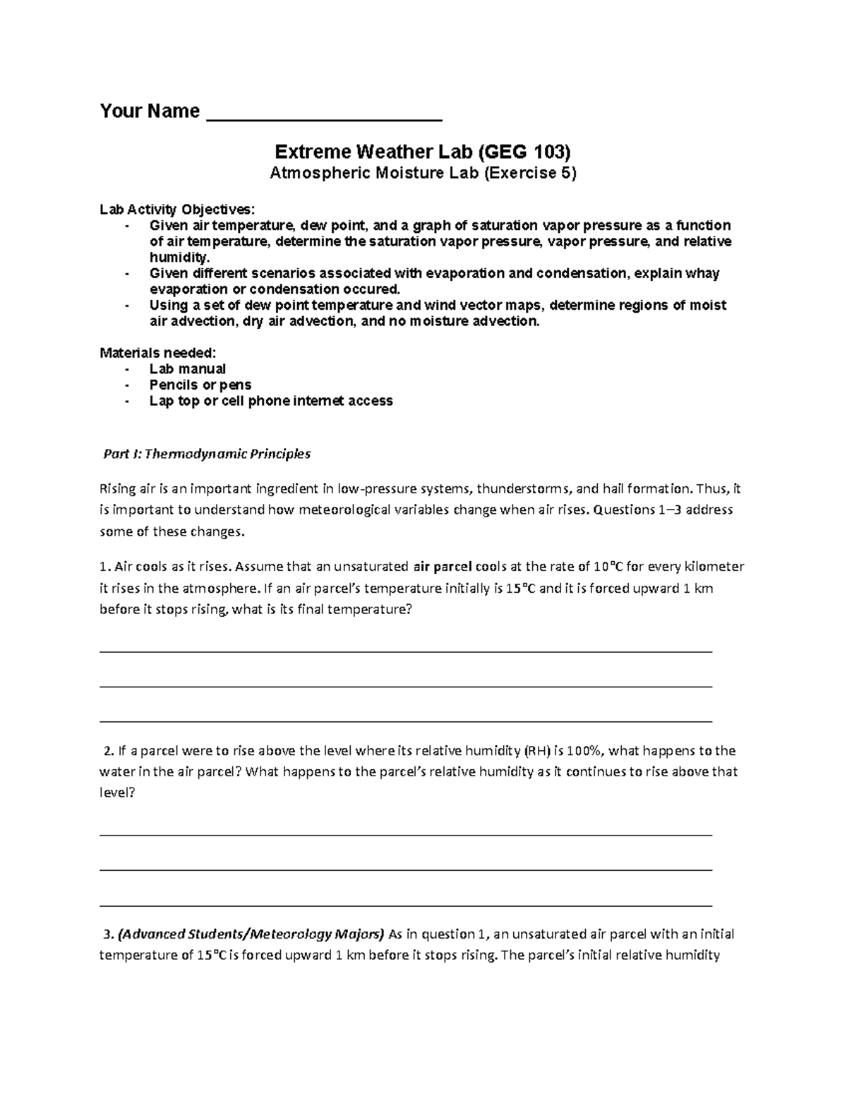 Atmospheric Moisture (Lab 5) Your Name ______________________ Extreme