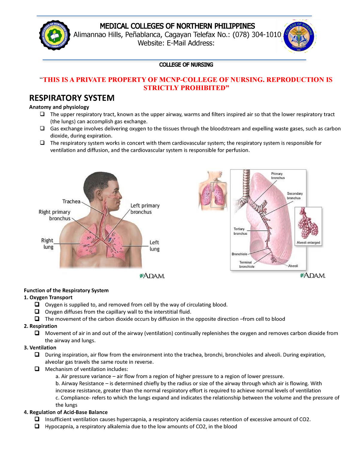 Respiratory - lecture notes - Theoretical foundation in Nursing - MCNP ...