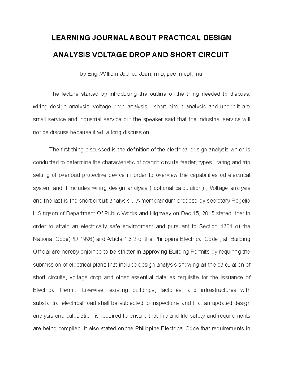 4 Practical Design Analysis Voltage DROP AND Short Circuit LEARNING