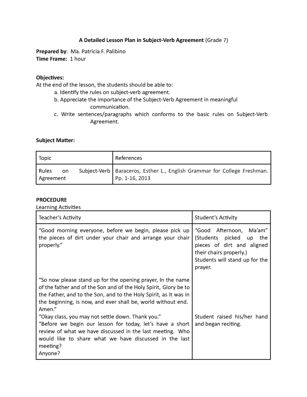 Detailed Lesson Plan For Grade 7 FOR SUBJECT VERB AGREEMENT A 