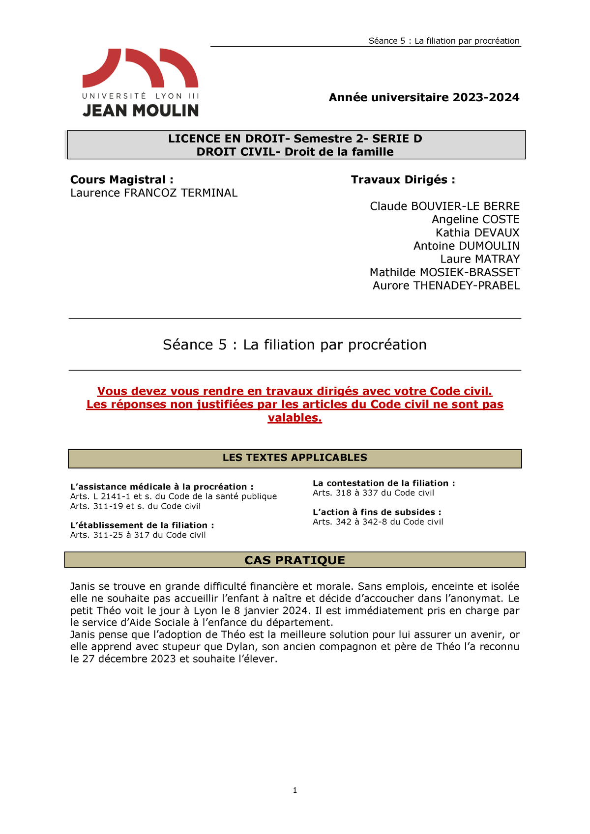 S5 La Filiation Par Procréation - Année Universitaire 20 23 - 2024 ...