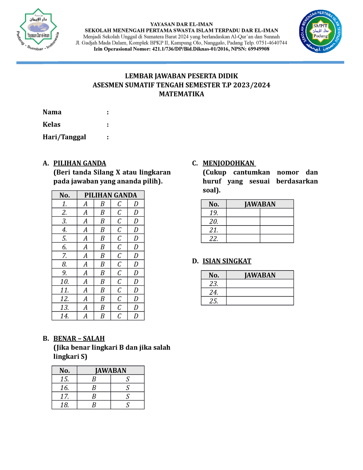 Lembar Jawaban Asesmen Sumatif MID Genap - IPA 7MAD - YAYASAN DAR EL ...