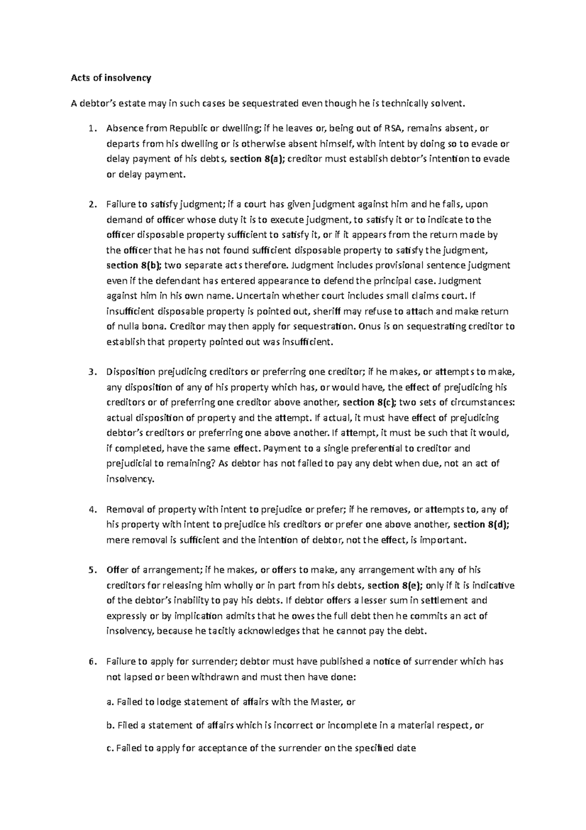 Insolvenncy Test 2 - Test of Insolvancy - Acts of insolvency A estate ...