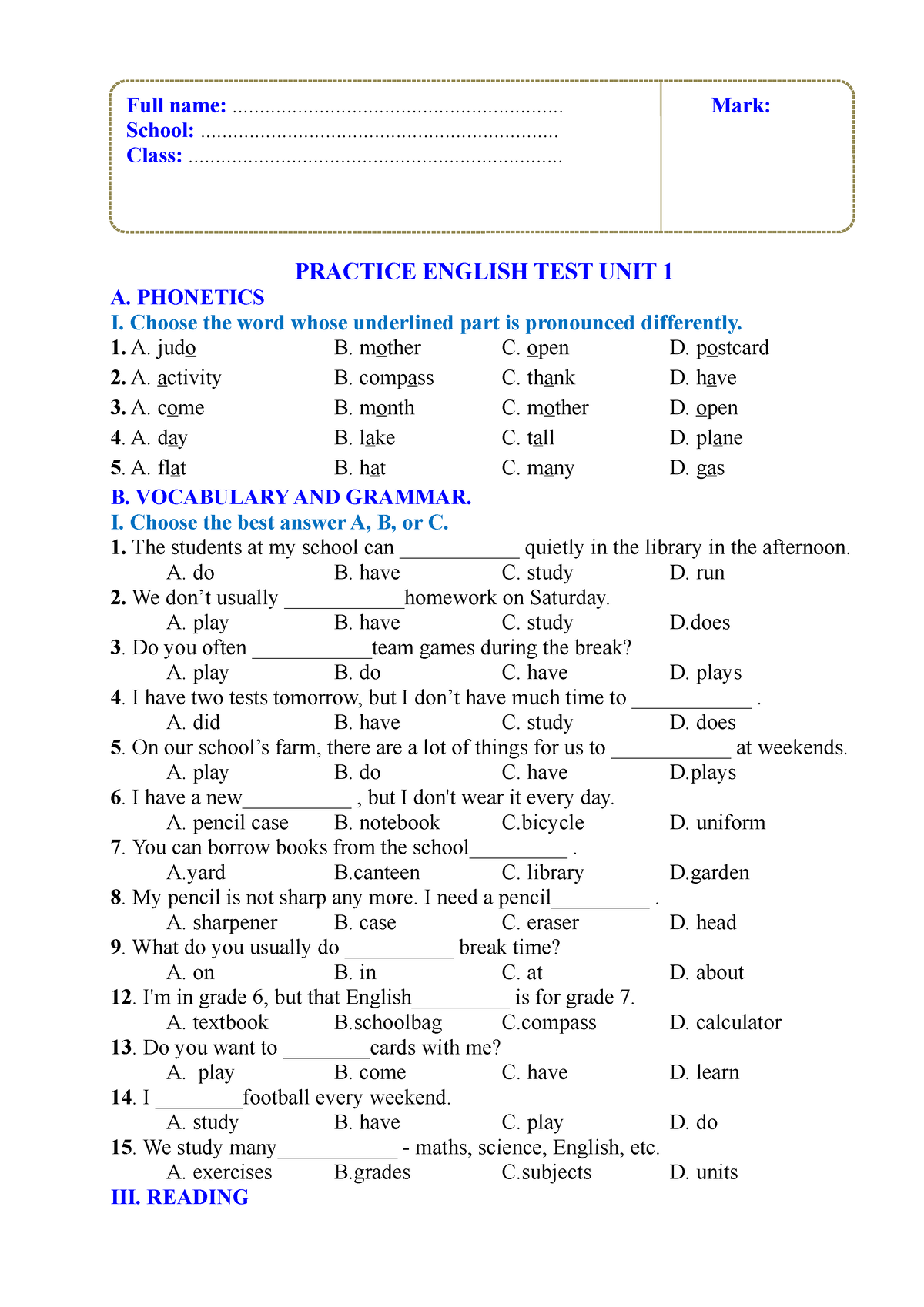 Anh 6 Global Practice TEST- UNIT 1 - PRACTICE ENGLISH TEST UNIT 1 A ...