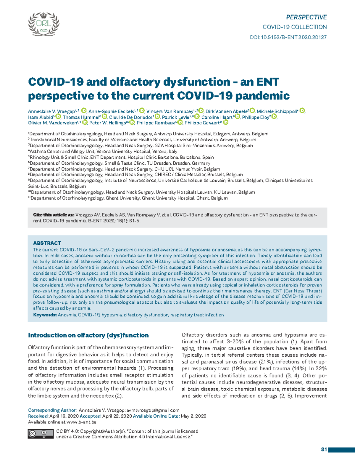 2020- Covid-19 and olfactory dysfunction - COVID-19 and olfactory ...