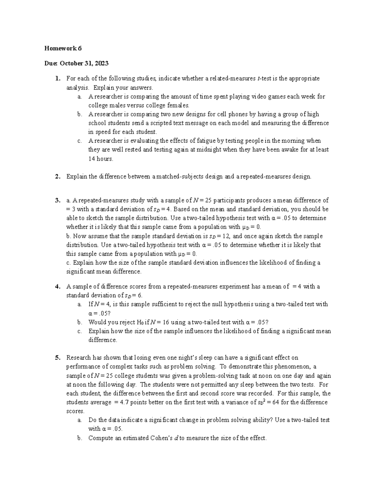 PSYC 301 Homework 6 - Howell, D.C. (2017). Fundamental Statistics for ...