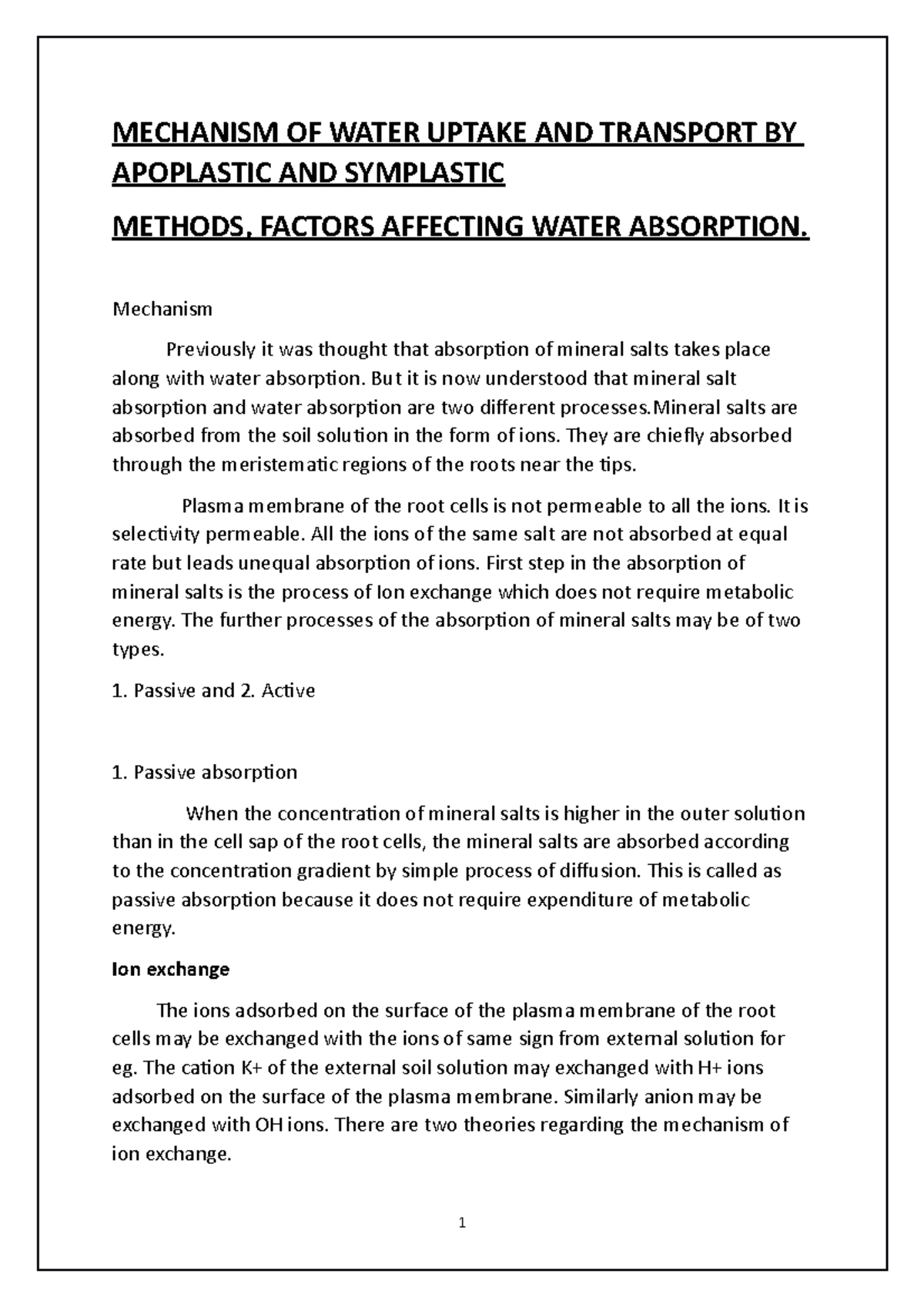 Mechanism OF Water Uptake AND Transport BY Apoplastic AND Symplastic