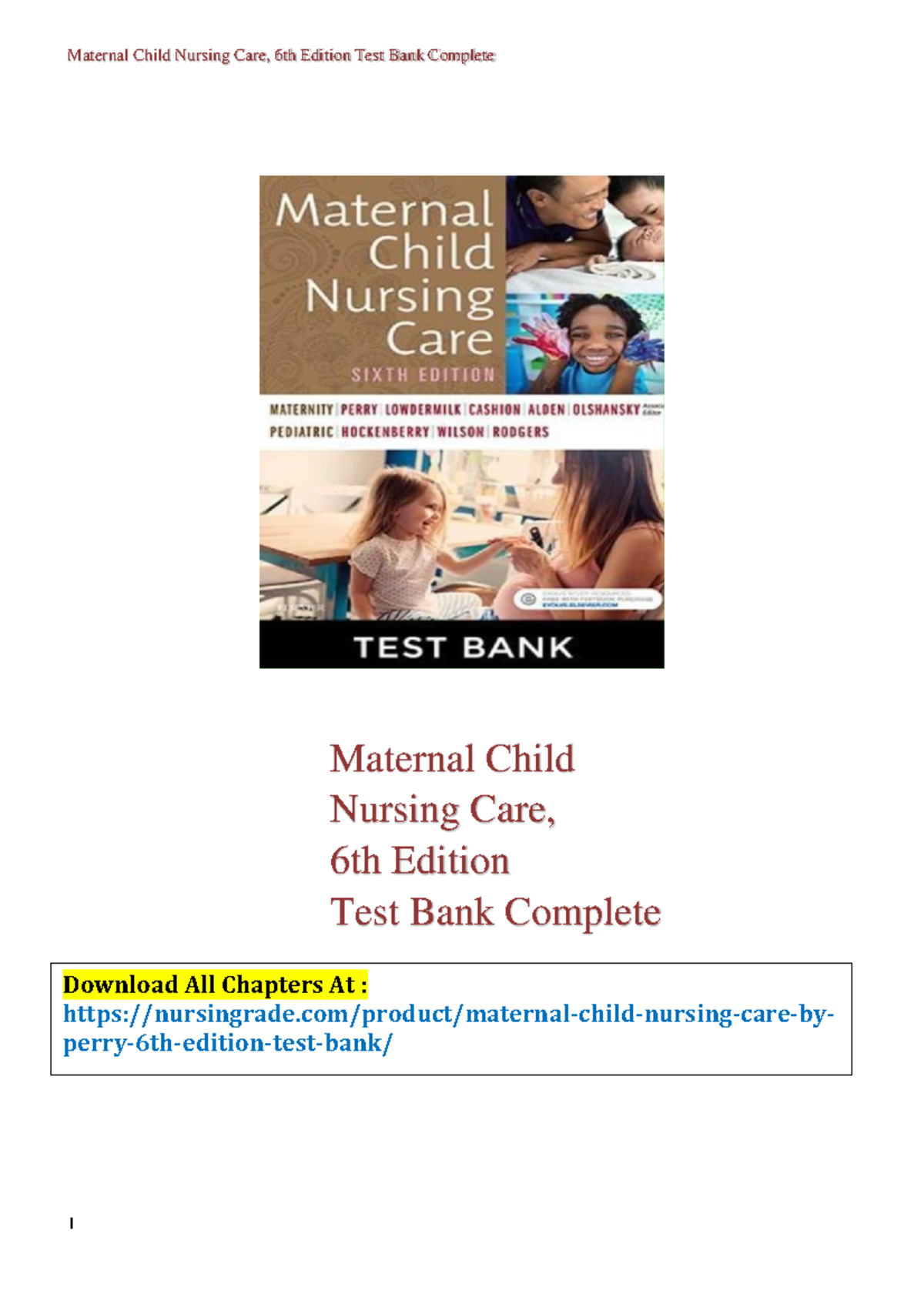 Maternal Child Nursing Care By Perry 6th Edition Test Bank - Maternal ...