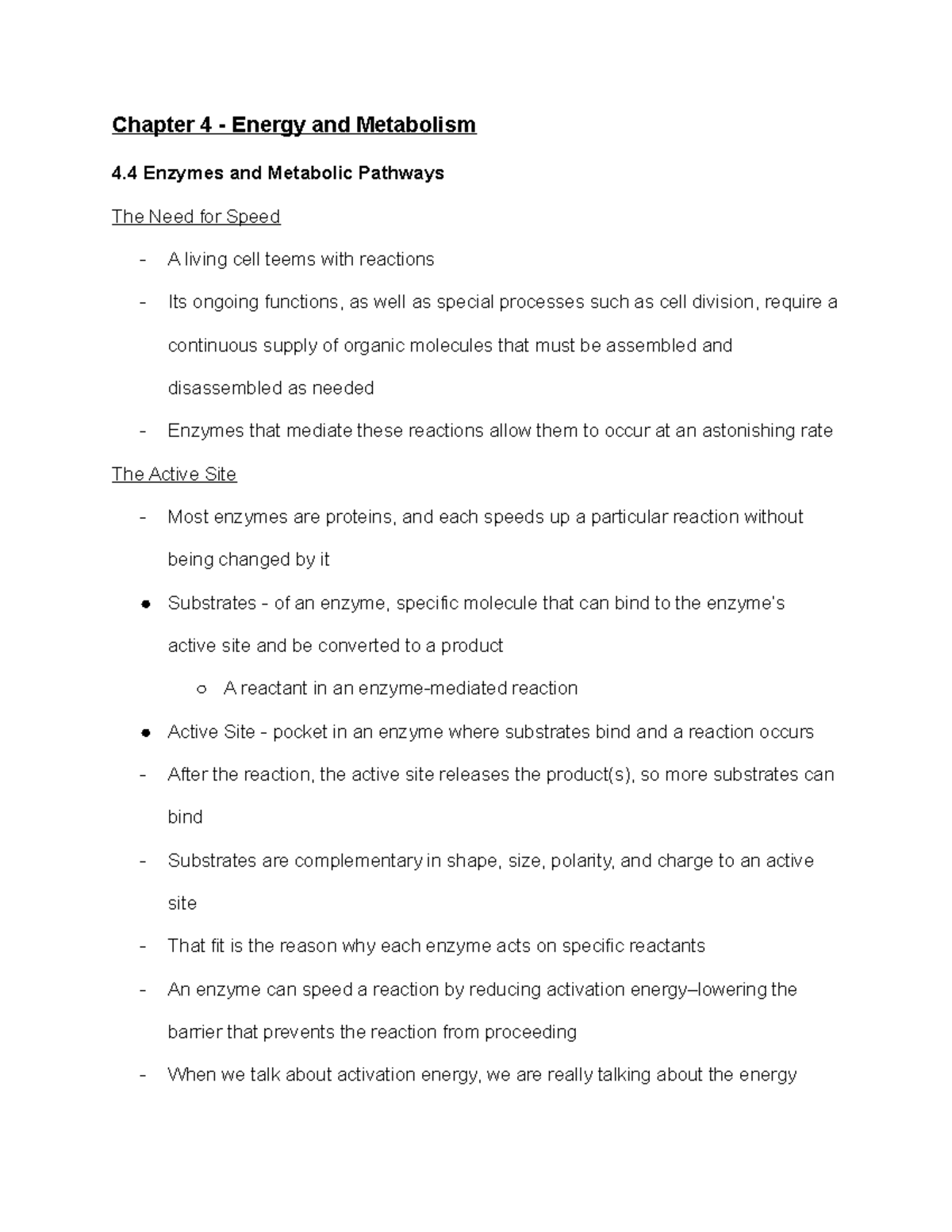 Chapter 4.4 Enzymes and Metabolic Pathways Notes - Chapter 4 - Energy ...