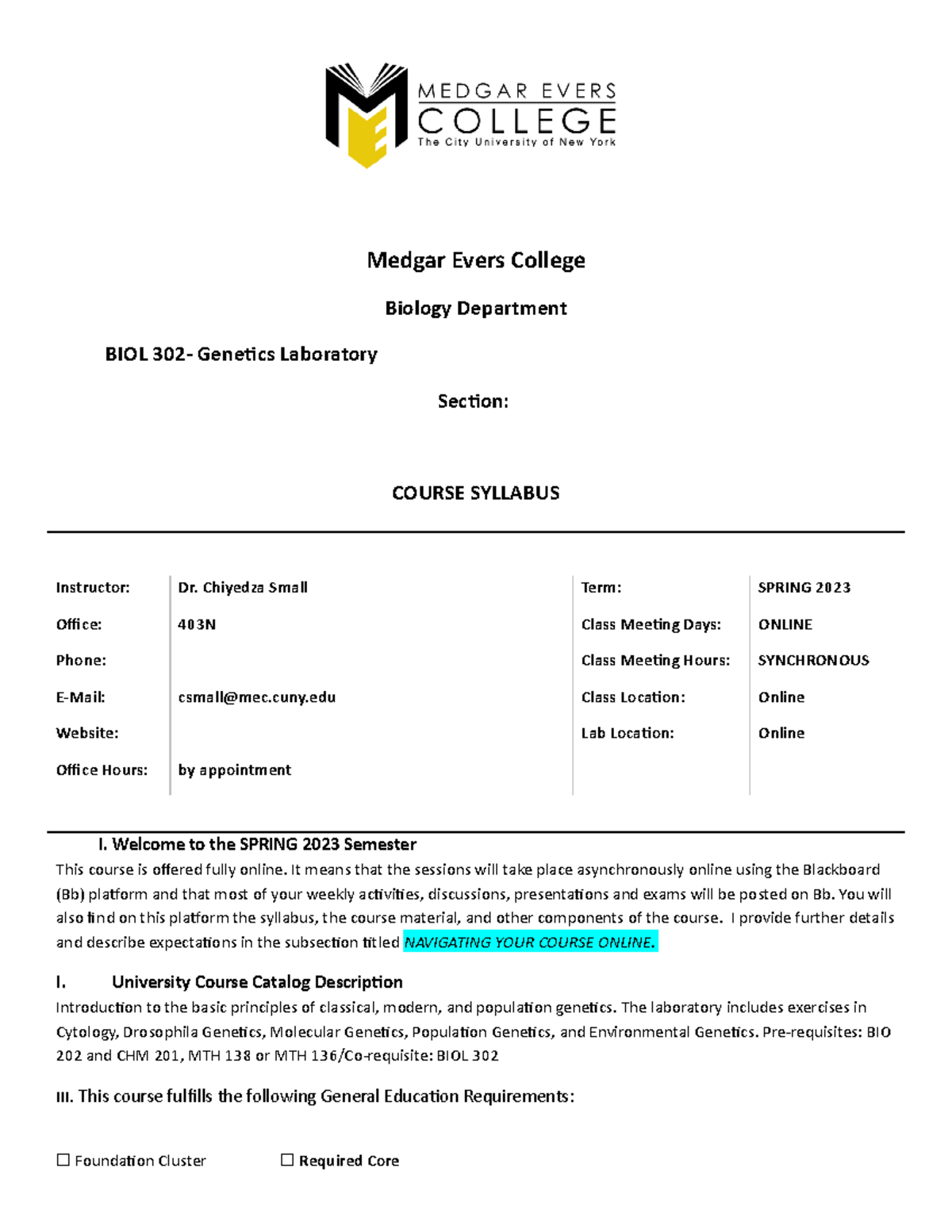 BIOL 302 lab Online syllabus WIN 2023 Medgar Evers College