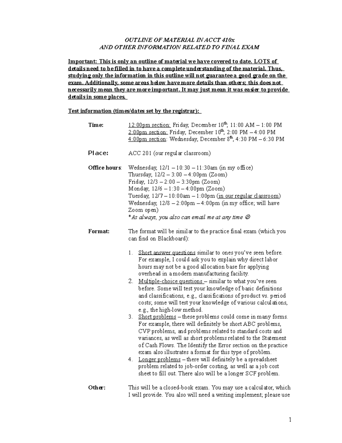 ACCT410: Review For Final Exam (Theory) - OUTLINE OF MATERIAL IN ACCT ...