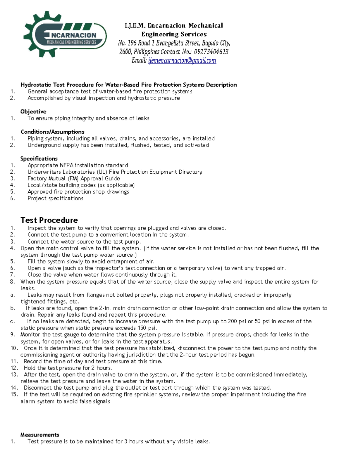 Hydrostatic Test Procedure for Water - I.J.E. Encarnacion Mechanical ...