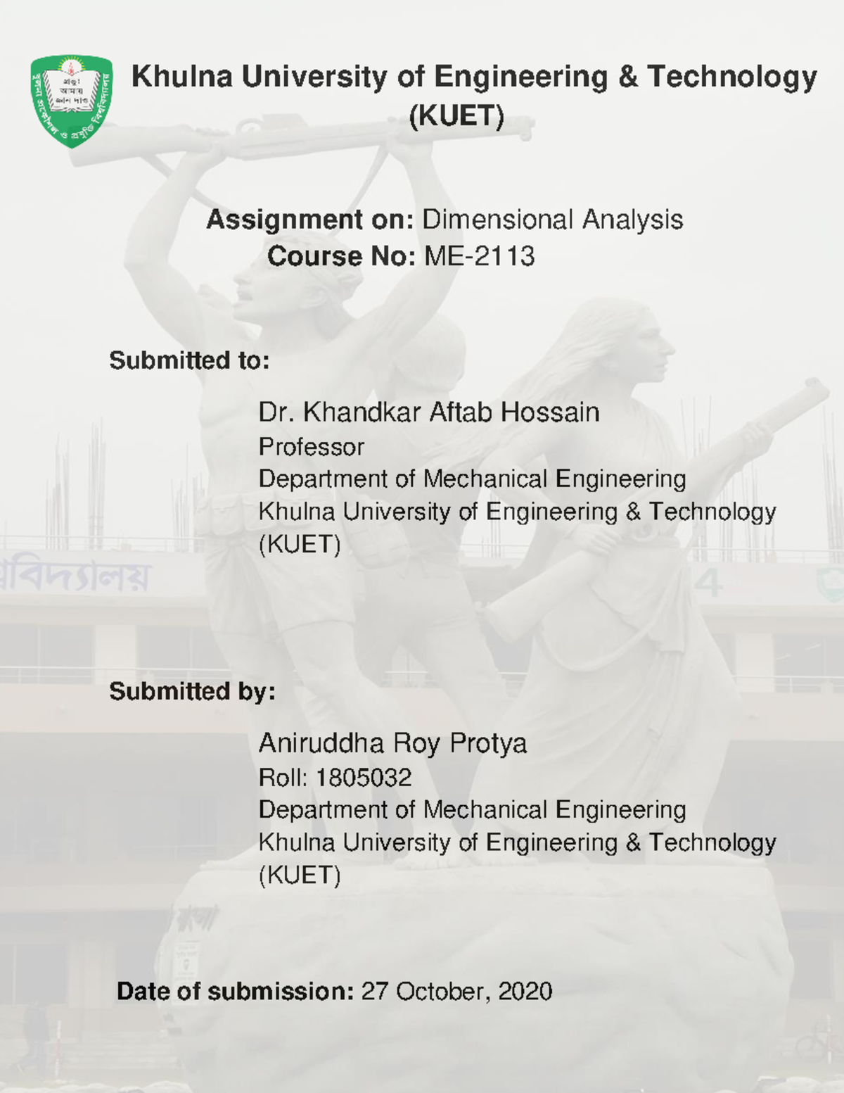 Dimensional Analysis Assignment 3 - Assignment On: Dimensional Analysis 