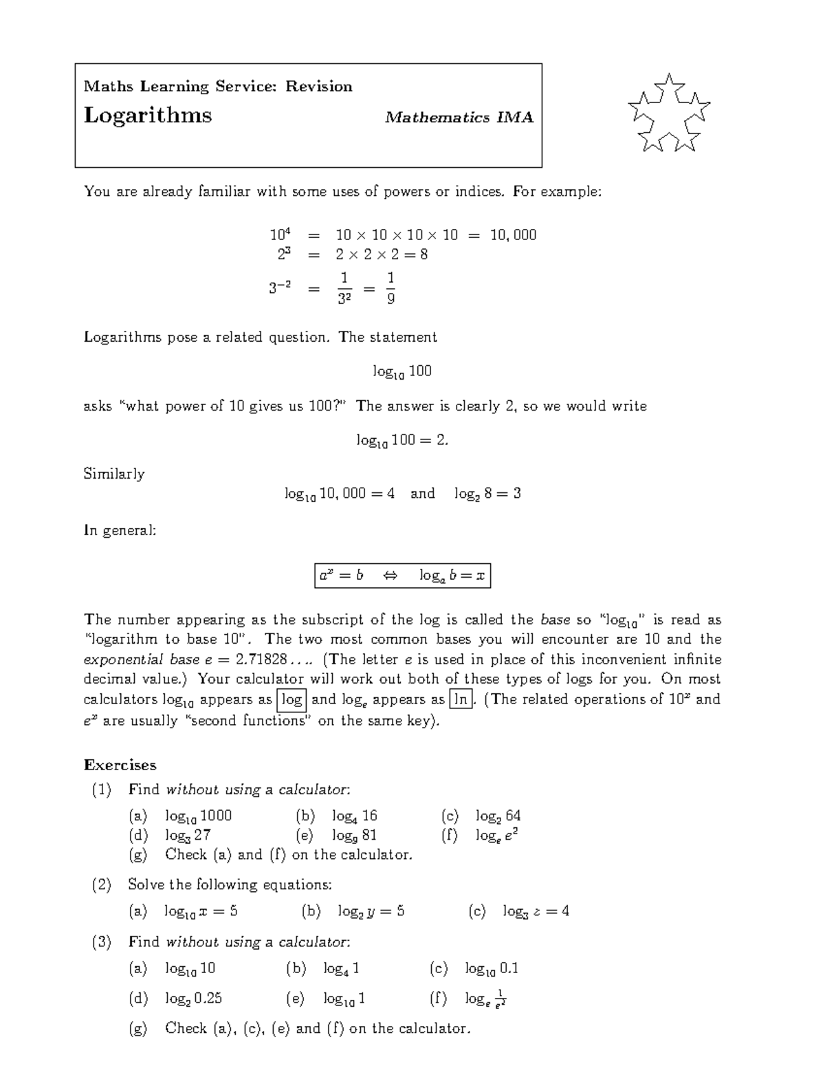 Lecture notes Logarithms Revision - Maths Learning Service: Revision ...