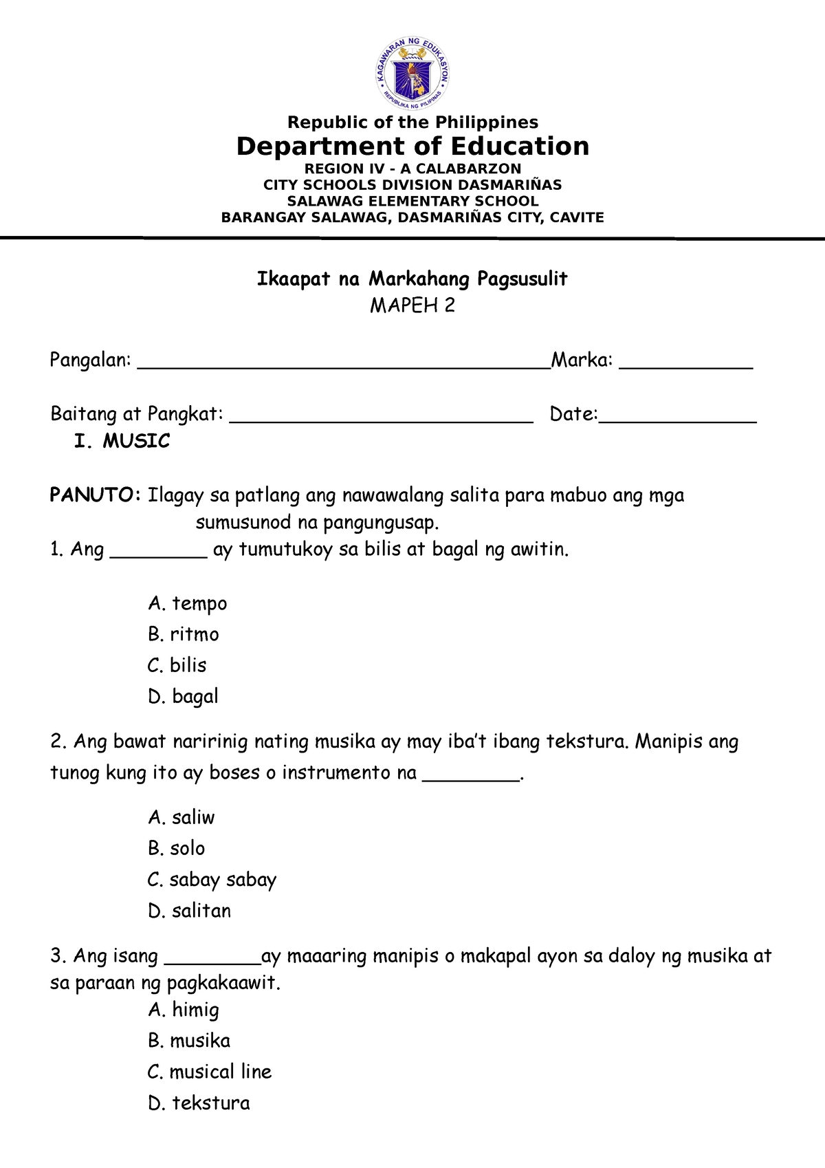 Ika Apat Na Markahang Pagsusulit Sa Mapeh 2 May R - Republic Of The ...