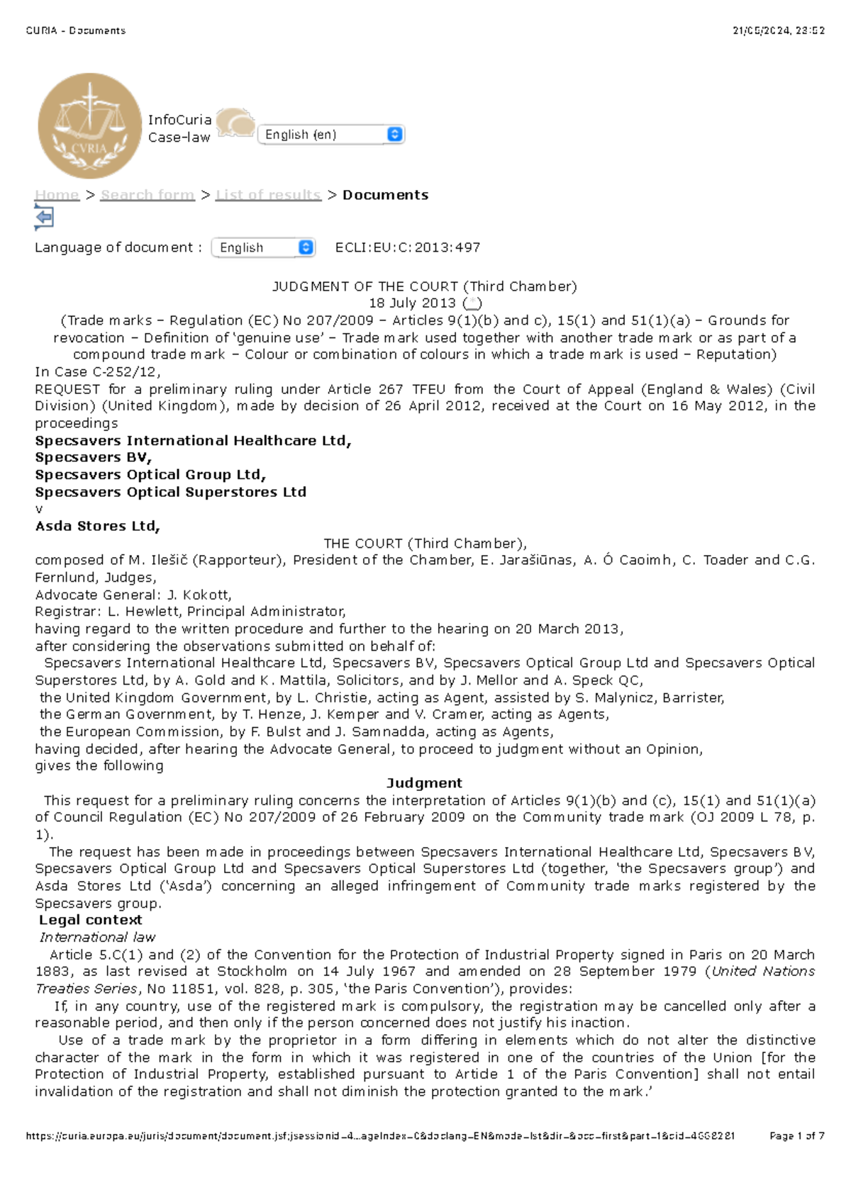 Asda v Specsavers Curia Documents InfoCuria Caselaw English (en
