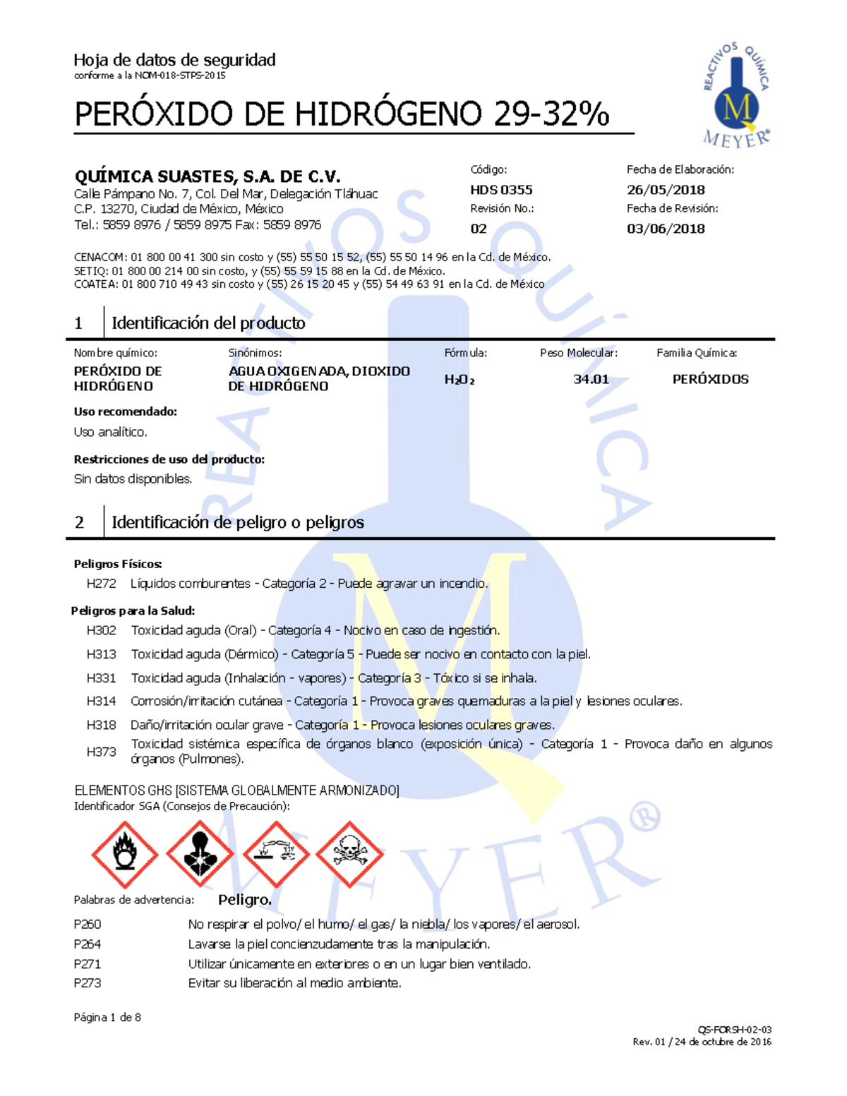 Agua Oxigenada hoja conforme a la NOM018STPS PERÓXIDO DE