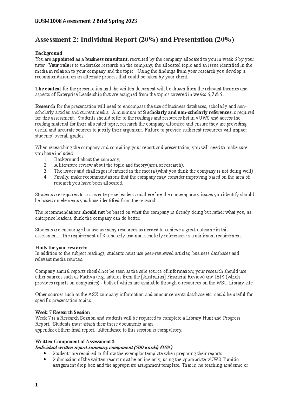 BUSM1008 Assessment 2 Brief Spring 2023 - Assessment 2: Individual ...