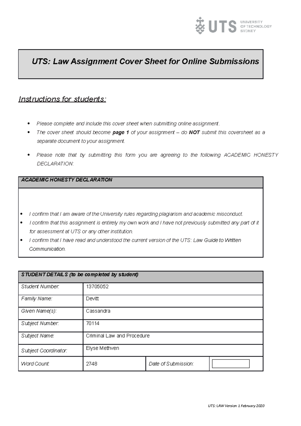 uts assignment cover sheet law