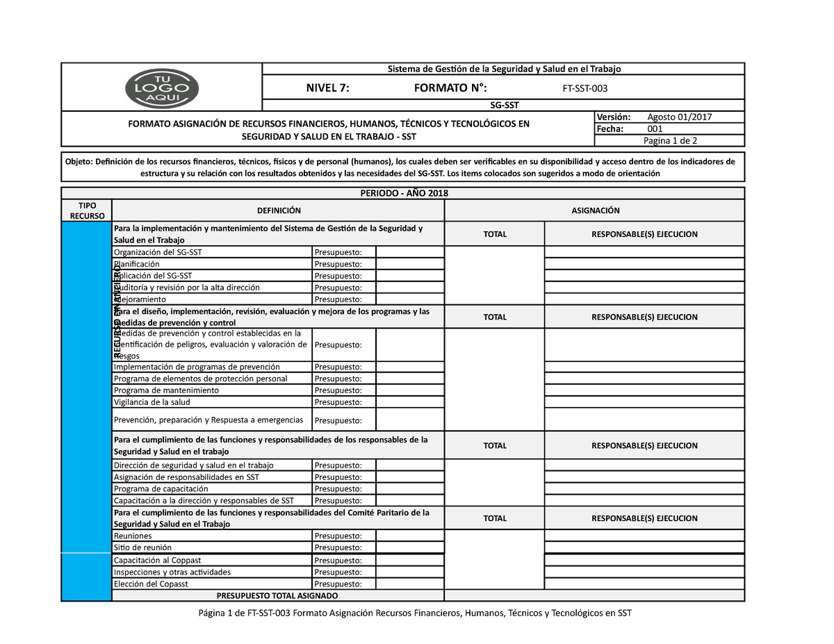 Asignacion De Recursos Finncieros Página 1 De Ft Sst 003 Formato Asignación Recursos 6185