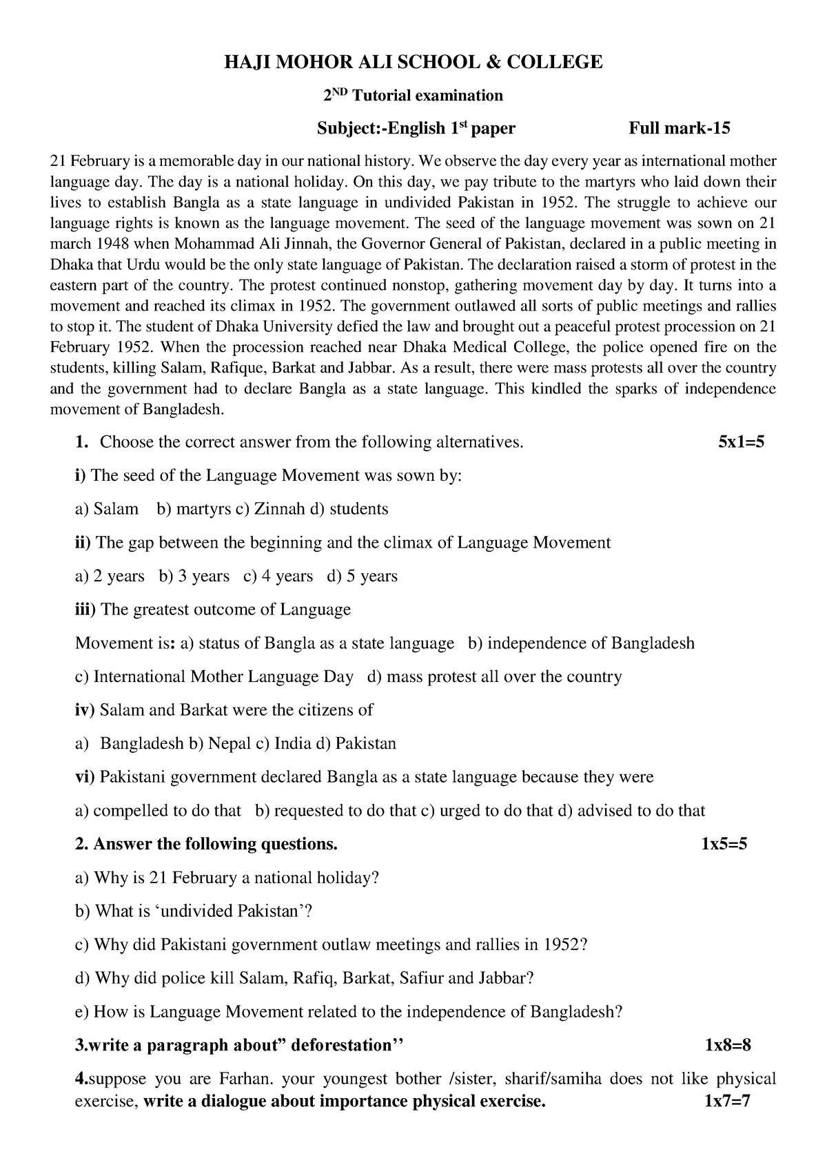 class-9-english-1st-question-pattern-haji-mohor-ali-school