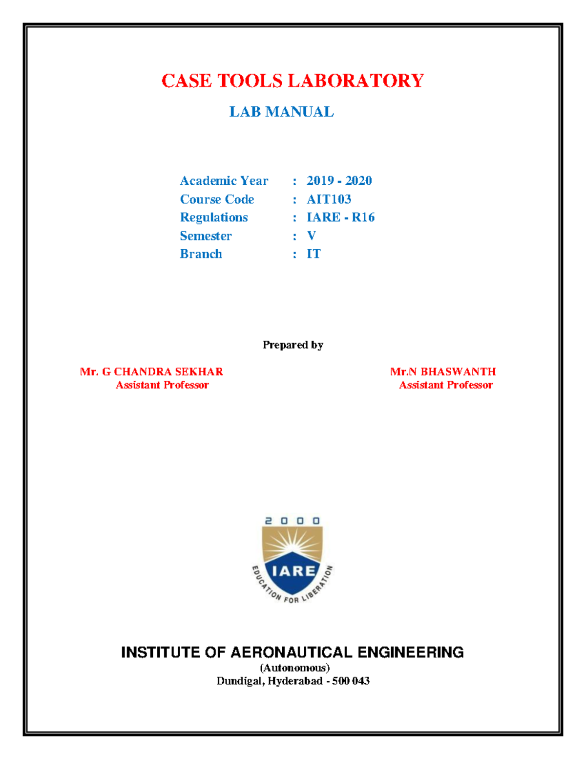 IARE CASE Tools Laboratory LAB Manual CASE TOOLS LABORATORY LAB