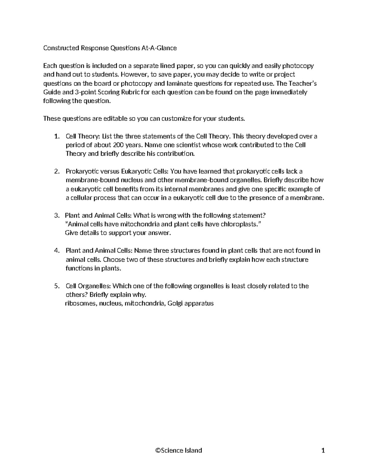 2 Constructed Response-Cells Organelles - Constructed Response ...