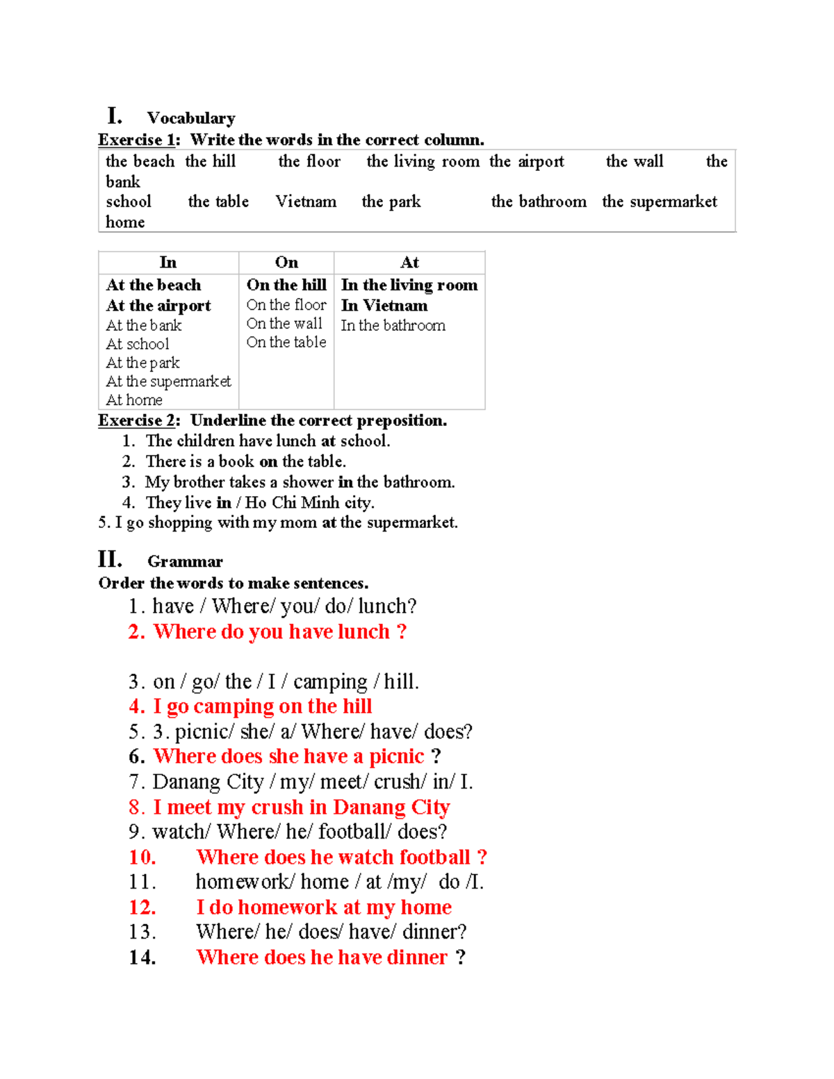 In on at - asd - I. Vocabulary Exercise 1 : Write the words in the ...