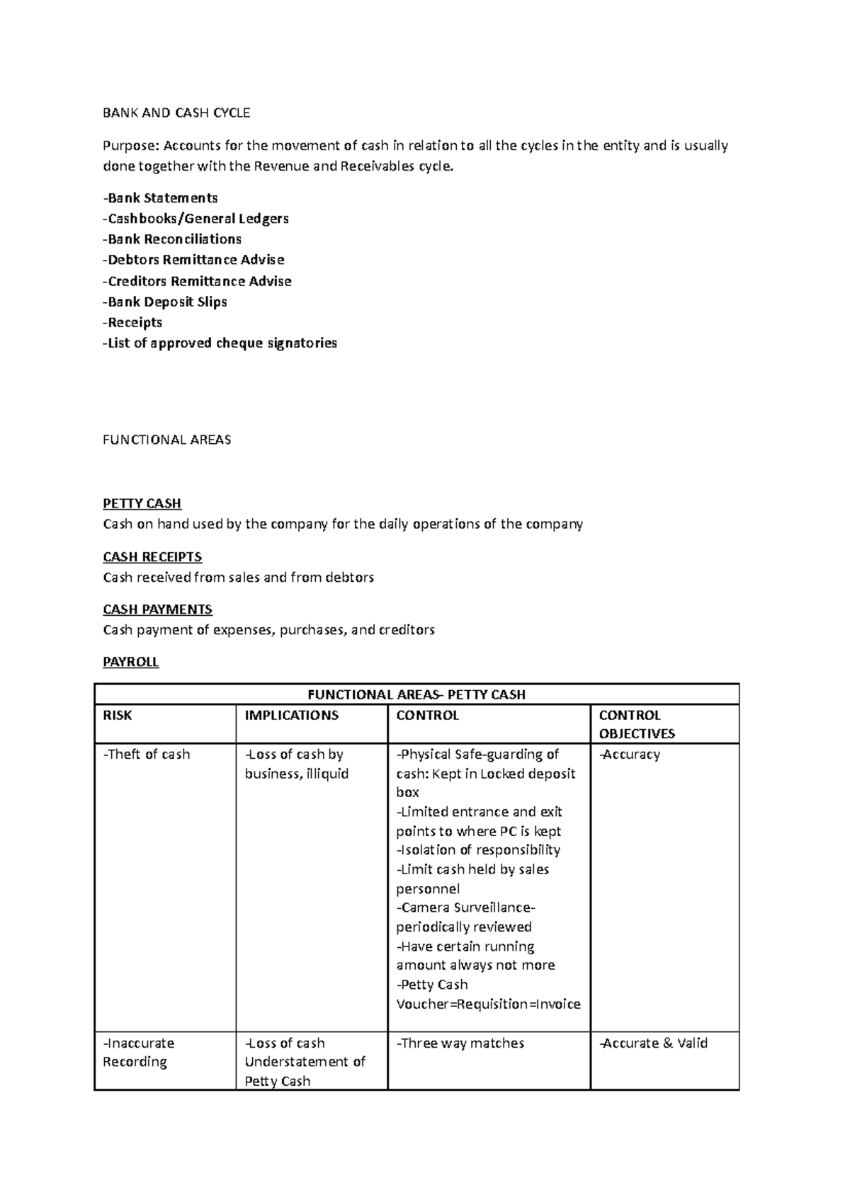 BANK AND CASH Cycle - BANK AND CASH CYCLE Purpose: Accounts for the ...