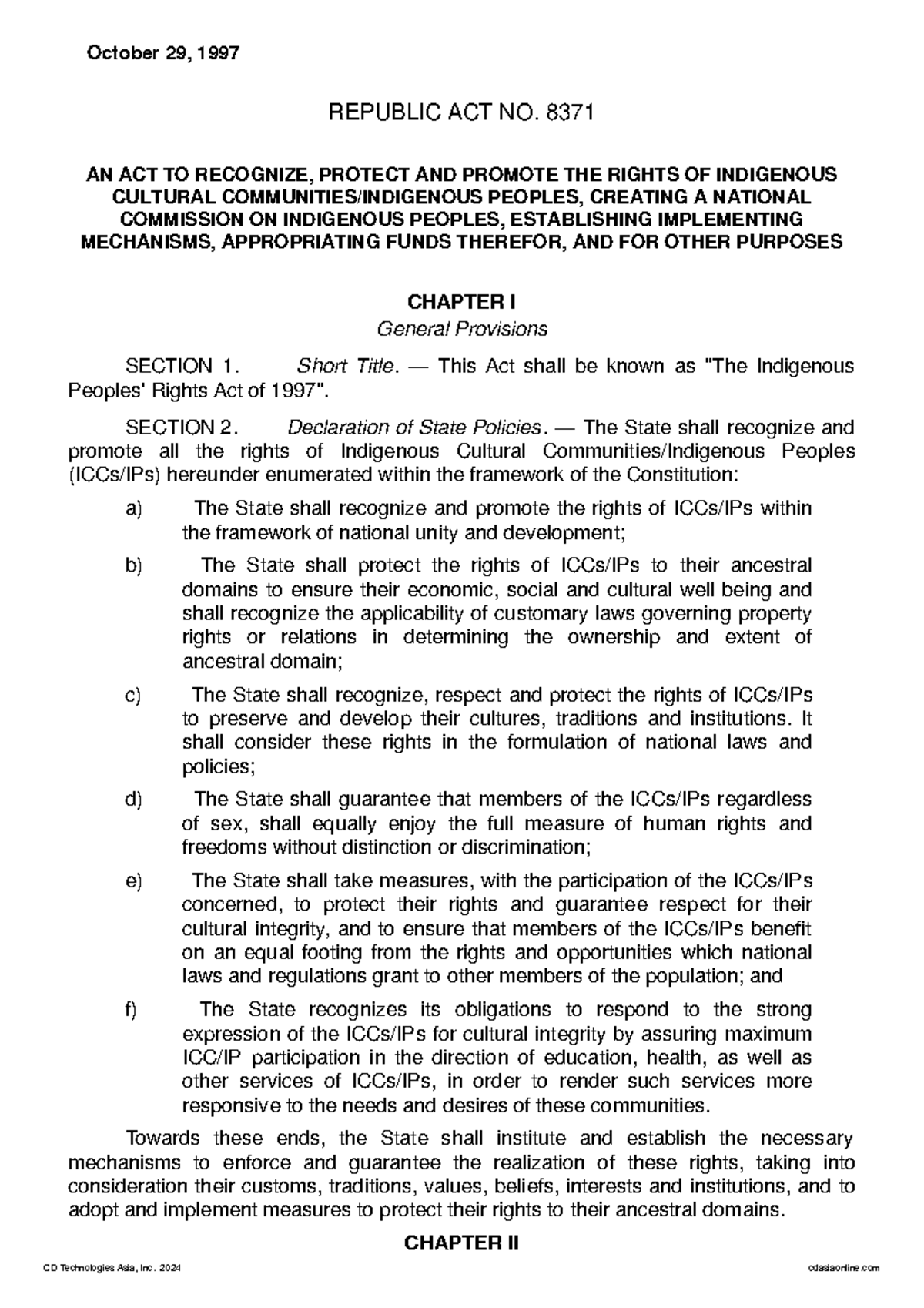 The Indigenous Peoples' Rights Act of 1997 - October 29, 1997 REPUBLIC ...