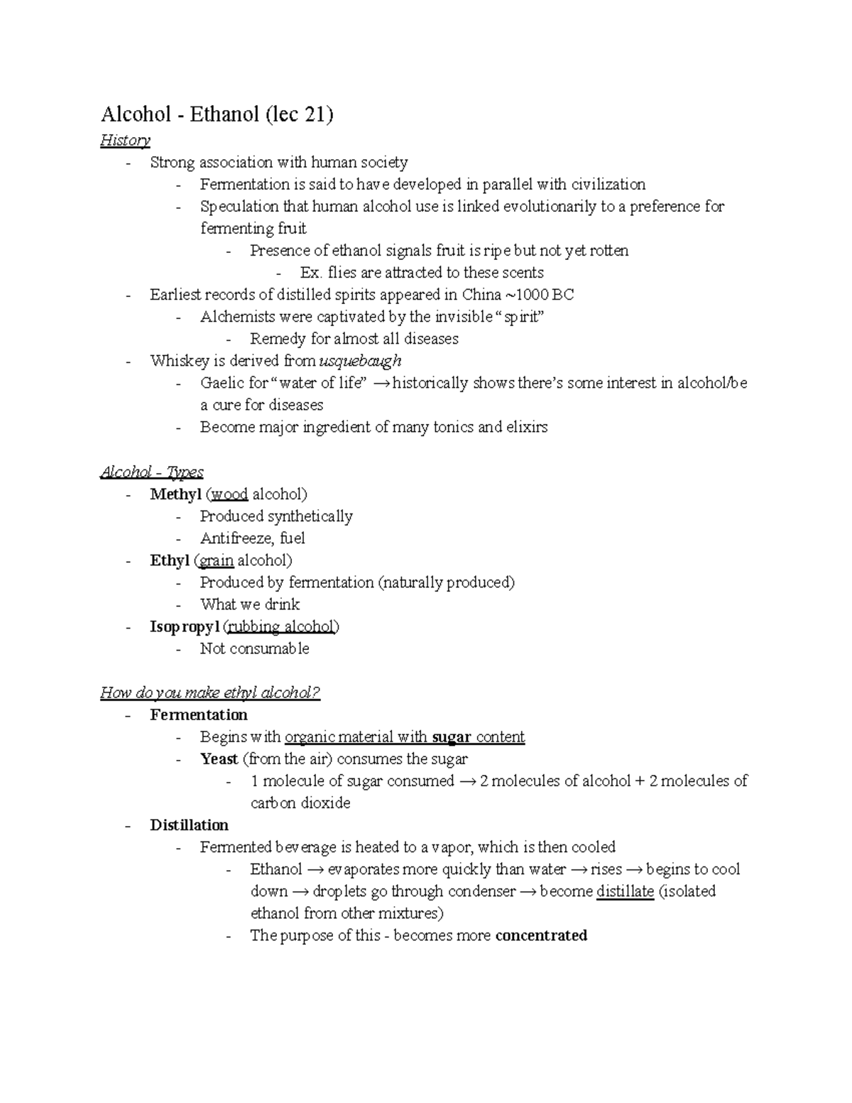 Psyc 330 Exam 3 Notes - Alcohol - Ethanol (lec 21) History - Strong ...