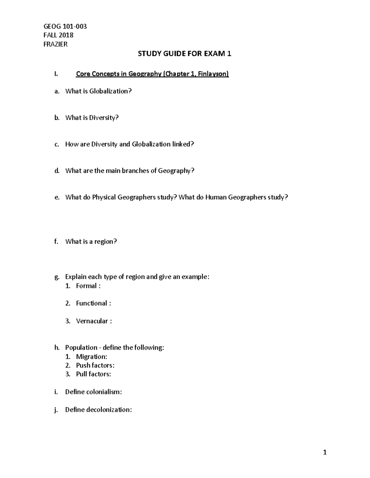 Study Guide Exam1 final - FALL 2018 FRAZIER STUDY GUIDE FOR EXAM 1 I ...