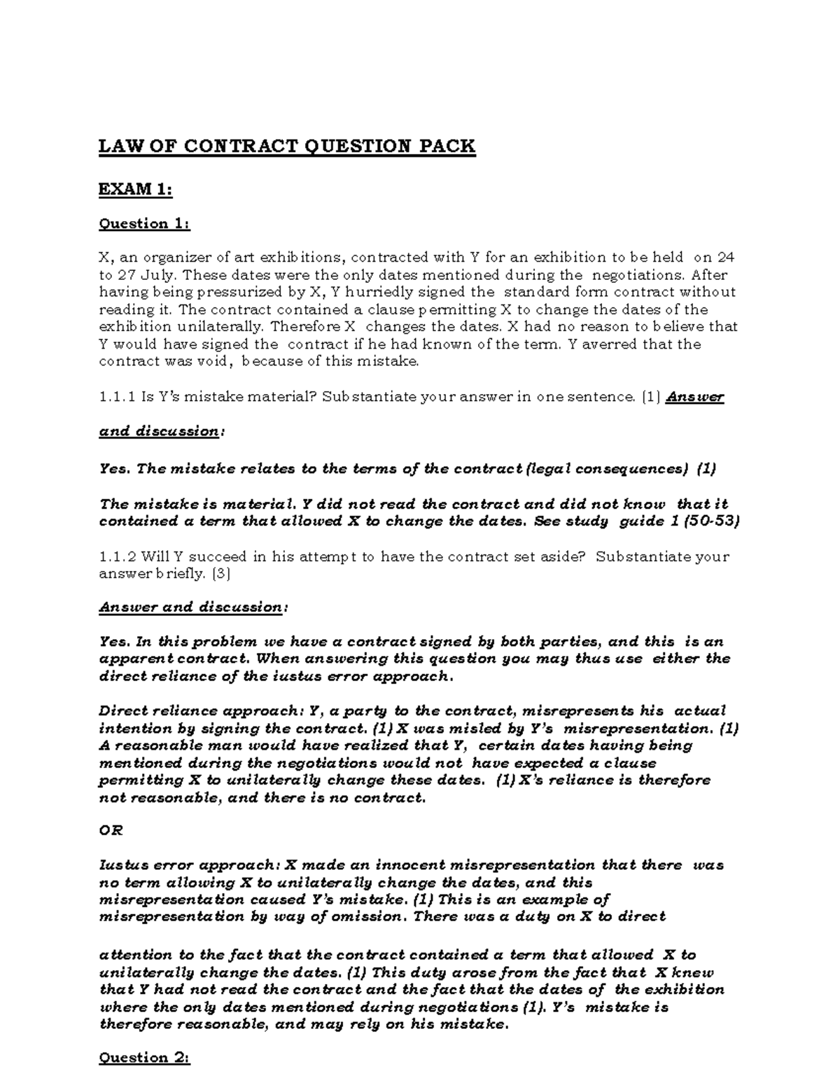 Sample practice exam questions and answers - LAW OF CONTRACT QUESTION ...