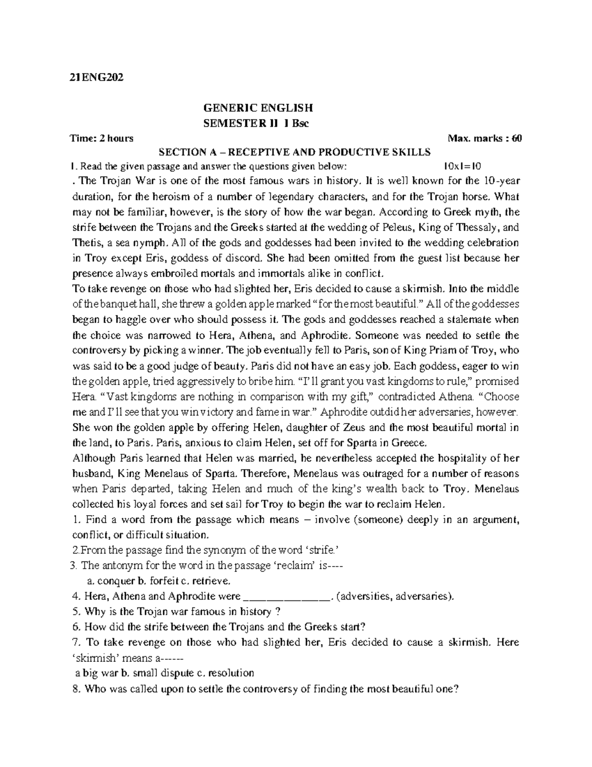 Sample QPaper I Bsc - Notes - 21ENG GENERIC ENGLISH SEMESTER II I Bsc ...