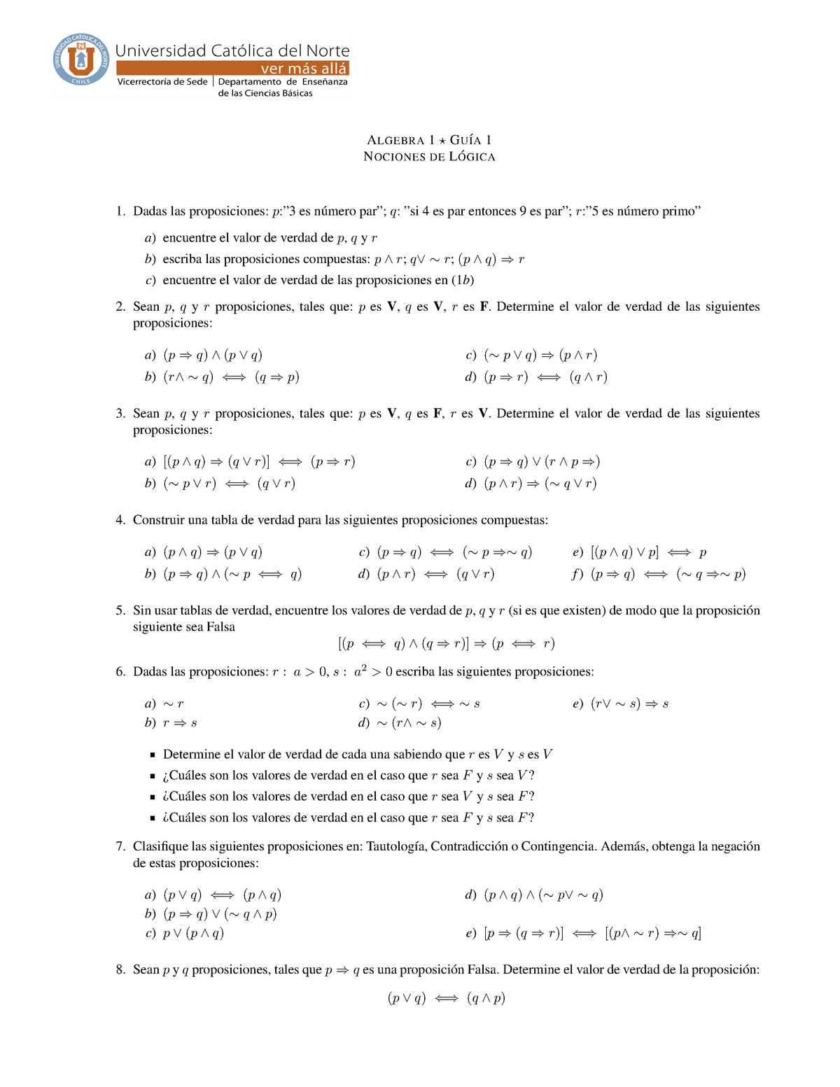 Algebra 1 Guia Nociones De Logica A Lgebra 1 G U´i A 1 ´ N Ociones De L Ogica 1 Dadas Las 8021