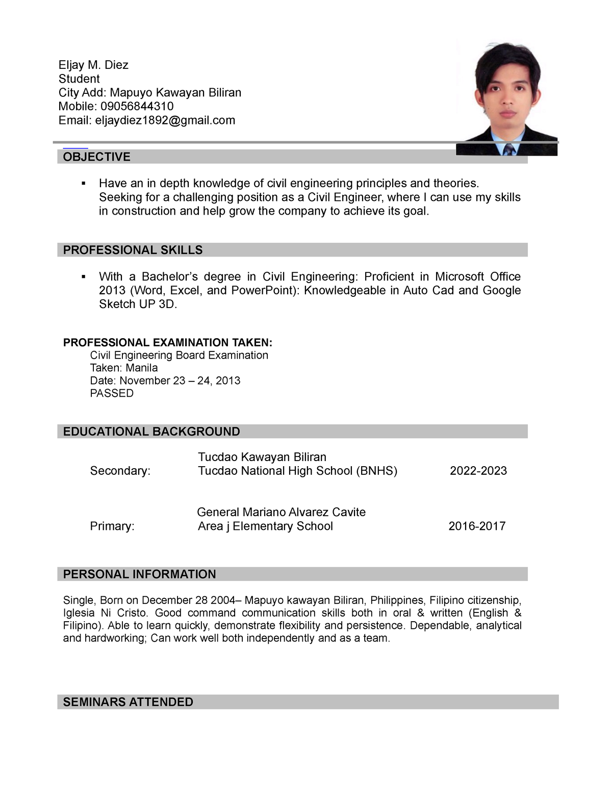 Sample- Resume - this is highly needed - Eljay M. Diez Student City Add ...