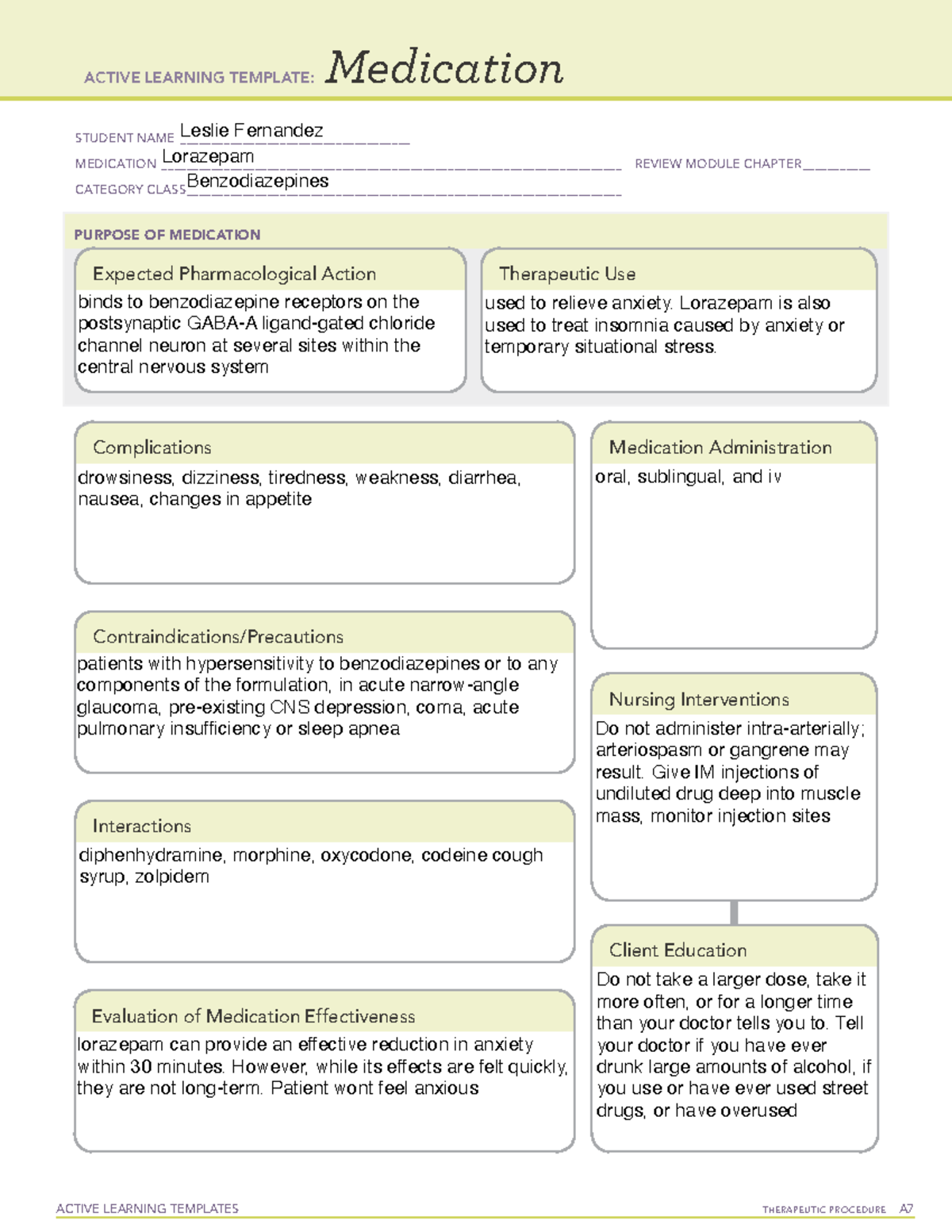 Lorazepam Leslie F medication sheet ACTIVE LEARNING TEMPLATES