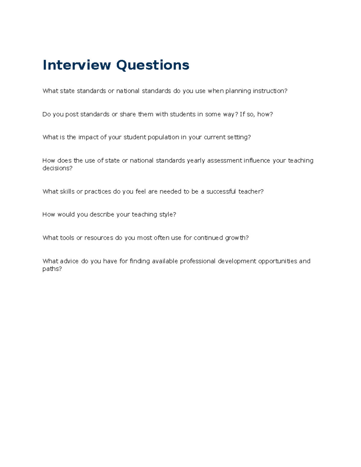 Interview Questions - Interview Questions What state standards or ...