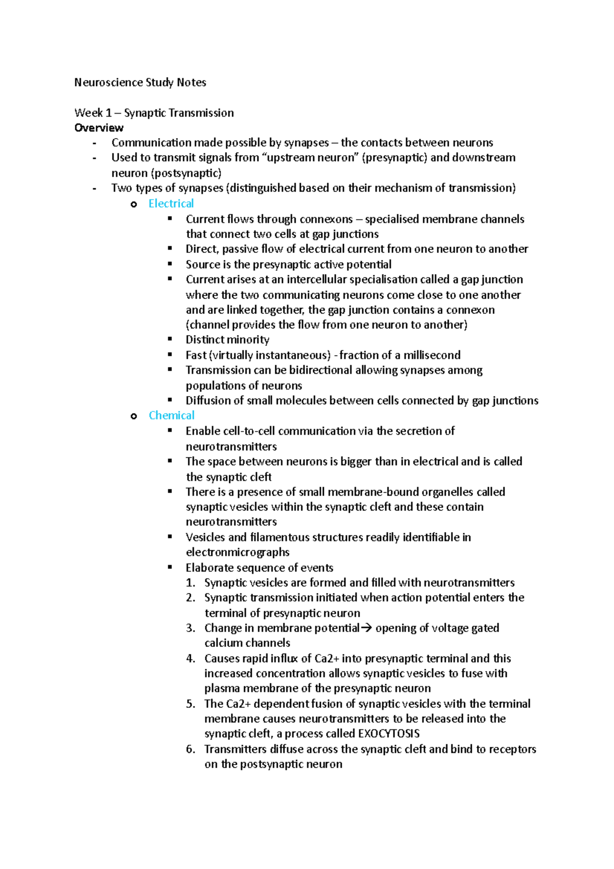 Neuro Notes - Neuroscience Study Notes Week 1 – Synaptic Transmission ...