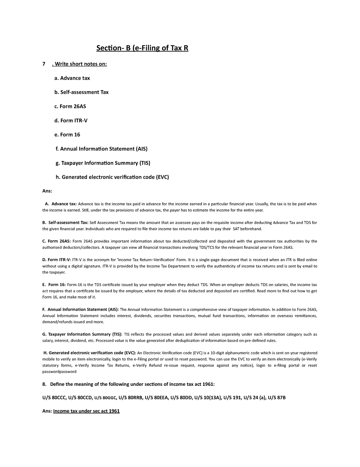 Tax Sec B - Tax Math - Section- B (e-Filing Of Tax R 7. Write Short ...