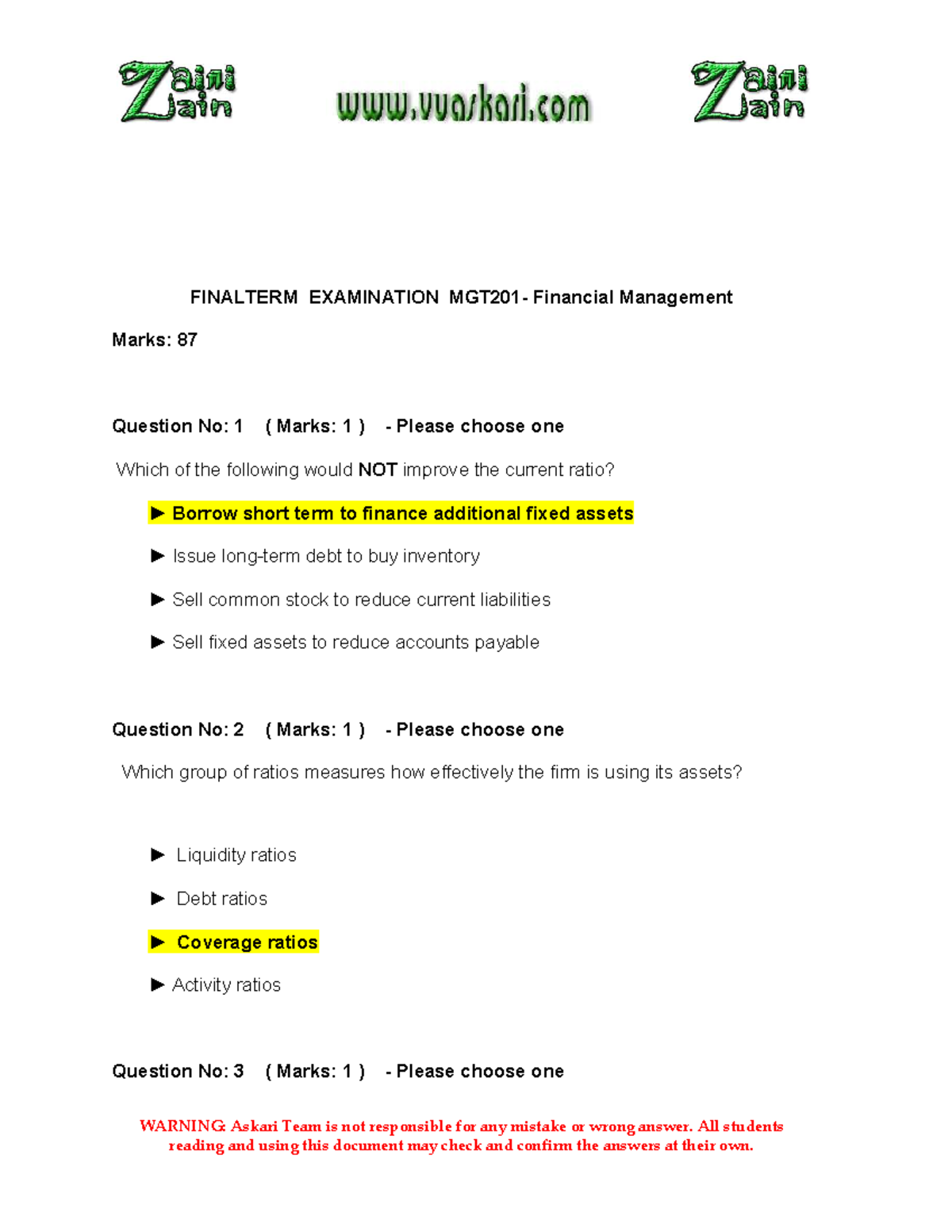 MGT201 Final Term MCQs Zain - - Studocu