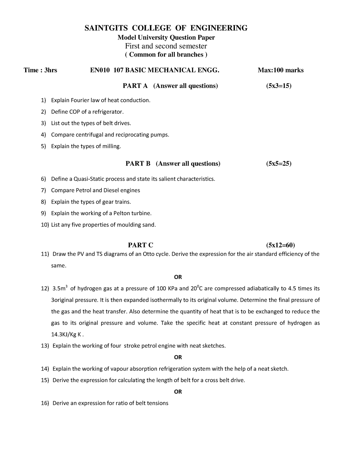 Basic Mechanical ENGG - Question Paper - SAINTGITS COLLEGE OF ...