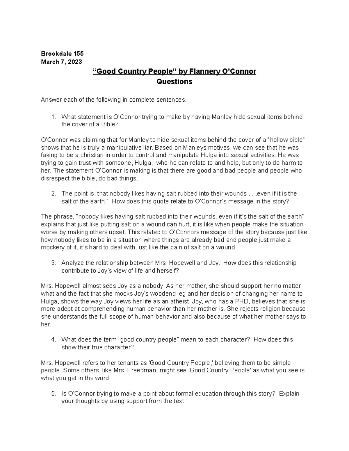 "Good Country People" Questions Brookdale 155 March 7, 2023 “Good Country People” by Flannery